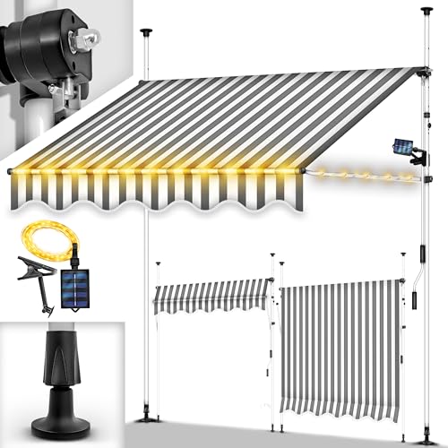 tillvex Klemmmarkise mit Handkurbel Balkon | Balkonmarkise ohne Bohren | Markise UV-beständig & höhenverstellbar | Sonnenschutz wasserdicht (Grau-Weiß mit LED, 250cm) von tillvex