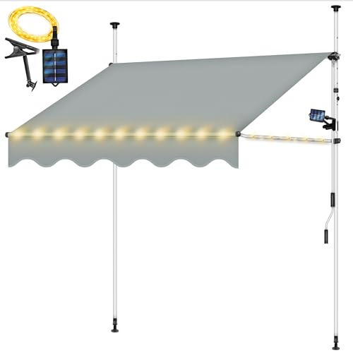 tillvex Klemmmarkise 250cm Hellgrau mit LED & Handkurbel Balkon | Balkonmarkise ohne Bohren | Markise UV-beständig & höhenverstellbar | Sonnenschutz wasserdicht von tillvex