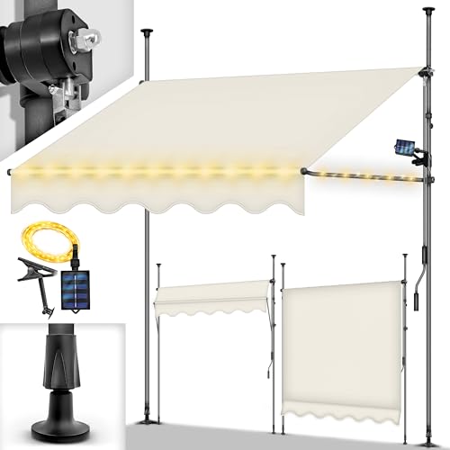 tillvex Klemmmarkise mit Handkurbel Balkon | Balkonmarkise ohne Bohren | Markise UV-beständig & höhenverstellbar | Sonnenschutz wasserdicht (Sand mit LED, 250cm) von tillvex