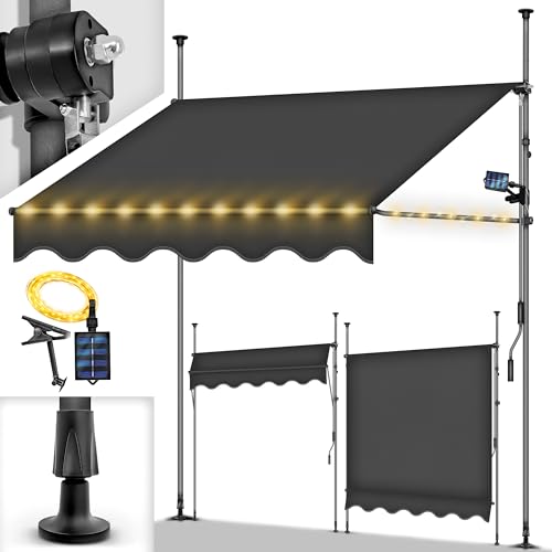tillvex Klemmmarkise mit Handkurbel Balkon | Balkonmarkise ohne Bohren | Markise UV-beständig & höhenverstellbar | Sonnenschutz wasserdicht (Anthrazit mit LED, 400cm) von tillvex