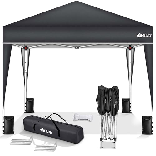 tillvex Pavillon 3x3m wasserdicht + 4er Set Sandsäcke | Pop-Up Faltpavillon stabil & höhenverstellbar | Gartenzelt UV Schutz 50+ | Partyzelt mit Tasche für Garten (Anthrazit) von tillvex