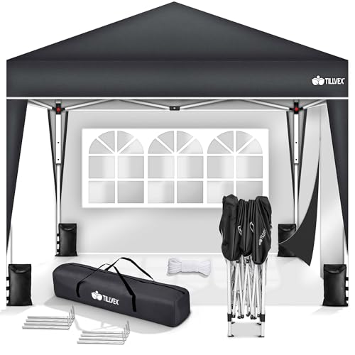 tillvex Pavillon 3x3m wasserdicht mit 2 Seitenteilen + 4er Set Sandsäcke | Pop-Up Faltpavillon stabil & höhenverstellbar | Gartenzelt UV Schutz 50+ | Partyzelt mit Tasche für Garten, Anthrazit von tillvex