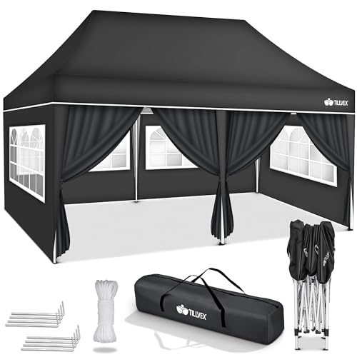 tillvex Pavillon 3x6m wasserdicht | Pop-Up Faltpavillon höhenverstellbar | Gartenzelt UV Schutz 50+ | Partyzelt mit Tasche für Garten (Anthrazit - mit 6 Seitenteilen) von tillvex