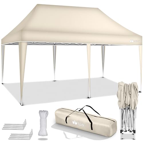 tillvex Pavillon 3x6m wasserdicht | Pop-Up Faltpavillon höhenverstellbar | Gartenzelt UV Schutz 50+ | Partyzelt mit Tasche für Garten (Beige) von tillvex