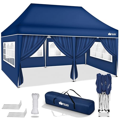 tillvex Pavillon 3x6m wasserdicht | Pop-Up Faltpavillon höhenverstellbar | Gartenzelt UV Schutz 50+ | Partyzelt mit Tasche für Garten (Blau - mit 6 Seitenteilen) von tillvex
