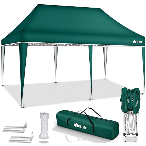 tillvex Pavillon 3x6m wasserdicht | Pop-Up Faltpavillon höhenverstellbar | Gartenzelt UV Schutz 50+ | Partyzelt mit Tasche für Garten (Grün) von tillvex