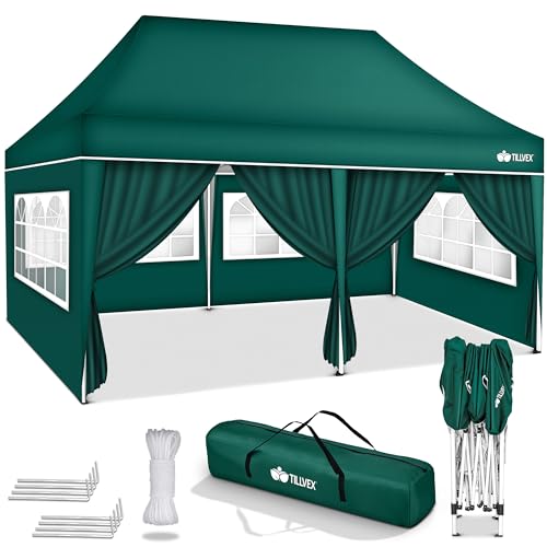 tillvex Pavillon 3x6m wasserdicht | Pop-Up Faltpavillon höhenverstellbar | Gartenzelt UV Schutz 50+ | Partyzelt mit Tasche für Garten (Grün - mit 6 Seitenteilen) von tillvex