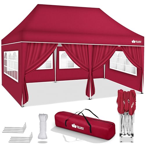 tillvex Pavillon 3x6m wasserdicht | Pop-Up Faltpavillon höhenverstellbar | Gartenzelt UV Schutz 50+ | Partyzelt mit Tasche für Garten (Rot - mit 6 Seitenteilen) von tillvex