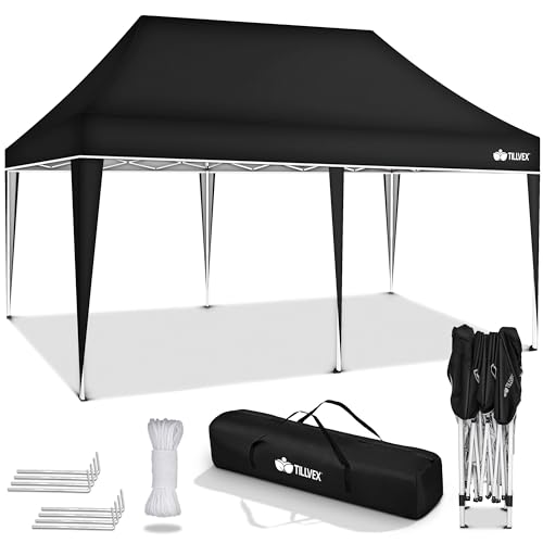 tillvex Pavillon 3x6m wasserdicht | Pop-Up Faltpavillon höhenverstellbar | Gartenzelt UV Schutz 50+ | Partyzelt mit Tasche für Garten (Schwarz - ohne Seitenteile) von tillvex