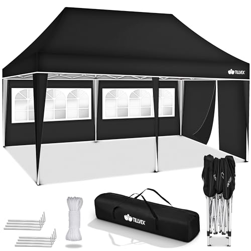 tillvex Pavillon 3x6m wasserdicht | Pop-Up Faltpavillon höhenverstellbar | Gartenzelt UV Schutz 50+ | Partyzelt mit Tasche für Garten (Schwarz - mit 3 Seitenteilen) von tillvex