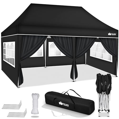 tillvex Pavillon 3x6m wasserdicht | Pop-Up Faltpavillon höhenverstellbar | Gartenzelt UV Schutz 50+ | Partyzelt mit Tasche für Garten (Schwarz - mit 6 Seitenteilen) von tillvex