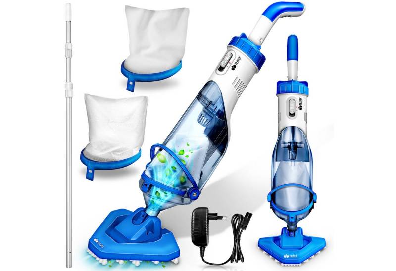 tillvex Poolbodensauger Poolsauger mit Akku & Teleskopstange + Ersatzfilter bis zu 15 m³, (Pool Bodensauger elektrisch Poolreiniger mit Filter), 60 min Laufzeit, Handsauger Reinigungsset kabellos von tillvex