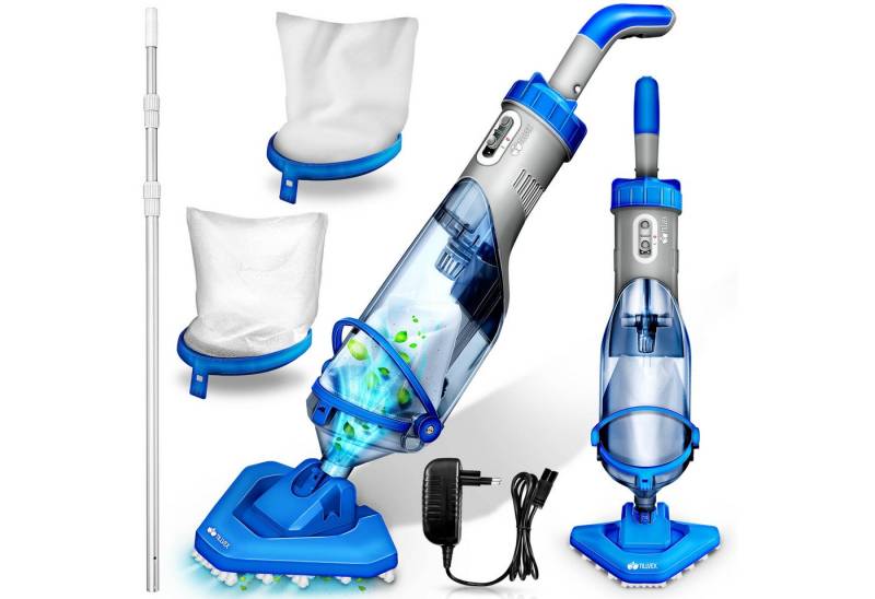 tillvex Poolbodensauger Poolsauger mit Akku & Teleskopstange + Ersatzfilter bis zu 15 m³, (Pool Bodensauger elektrisch Poolreiniger mit Filter), 60 min Laufzeit, Handsauger Reinigungsset kabellos von tillvex