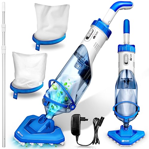 tillvex Poolsauger mit Akku & Teleskopstange + Ersatzfilter bis zu 15 m³ | Pool Bodensauger elektrisch | Poolreiniger mit Filter & 60 min Laufzeit | Handsauger Reinigungsset kabellos (Blau/Weiß) von tillvex