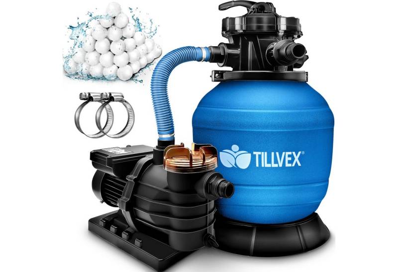 tillvex Sandfilteranlage 10 m³/h Filteranlage + 800g Filterbälle 7-Wege Ventil Poolfilter, Filterkessel mit Druckanzeige Sandfilter für Pool und Schwimmbecken von tillvex