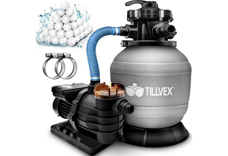 tillvex Sandfilteranlage 10 m³/h Filteranlage + 800g Filterbälle 7-Wege Ventil Poolfilter, Filterkessel mit Druckanzeige Sandfilter für Pool und Schwimmbecken von tillvex