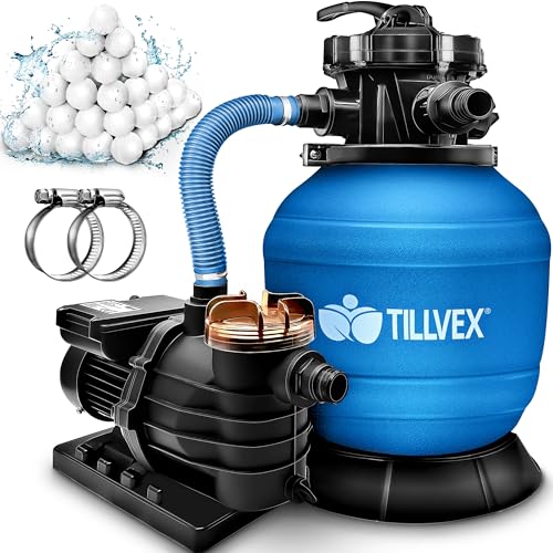 tillvex Sandfilteranlage 10 m³/h - Filteranlage 5-Wege Ventil | Poolfilter mit Druckanzeige | Sandfilter für Pool und Schwimmbecken (Blau) von tillvex