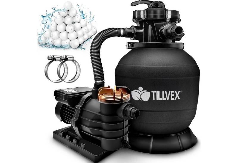 tillvex Sandfilteranlage 10 m³/h Filteranlage + 800g Filterbälle 7-Wege Ventil Poolfilter, Filterkessel mit Druckanzeige Sandfilter für Pool und Schwimmbecken von tillvex