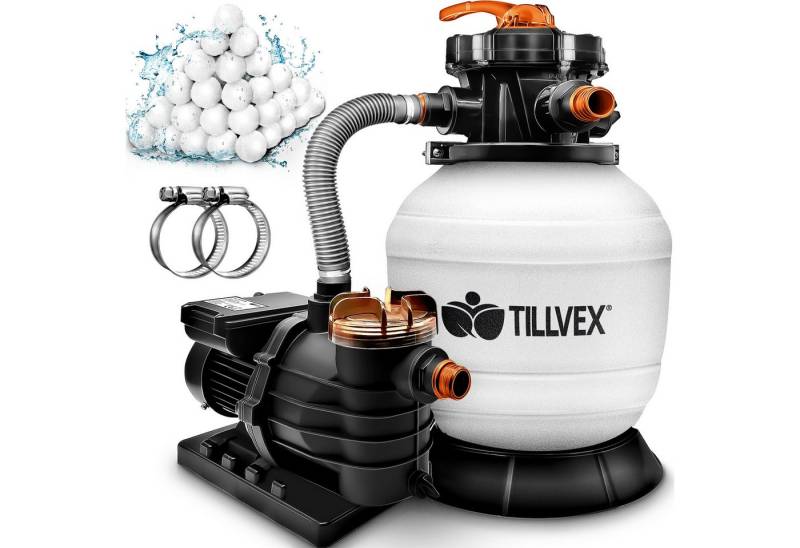 tillvex Sandfilteranlage 10 m³/h Filteranlage + 800g Filterbälle 7-Wege Ventil Poolfilter, Filterkessel mit Druckanzeige Sandfilter für Pool und Schwimmbecken von tillvex
