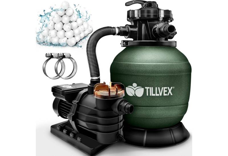tillvex Sandfilteranlage 10 m³/h Filteranlage + 800g Filterbälle 7-Wege Ventil Poolfilter, Filterkessel mit Druckanzeige Sandfilter für Pool und Schwimmbecken von tillvex