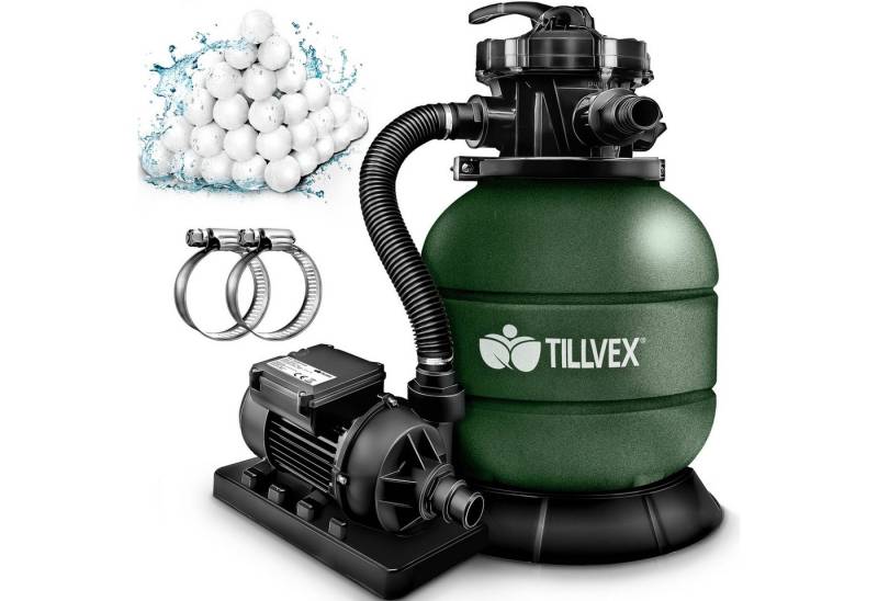 tillvex Sandfilteranlage Filteranlage 7.900L/h mit 400g Filterbällen + Pumpe Filter (Set), 7-Wege Ventil von tillvex