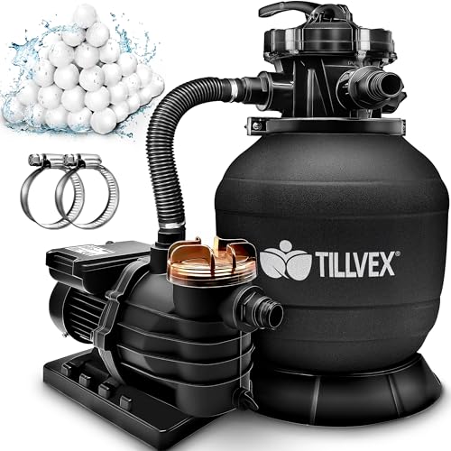 tillvex Sandfilteranlage Pool 10 m³/h inkl. 800g Filterbälle | Filteranlage 7-Wege Ventil & 2in1 Adapter Ø32mm - 38mm | Poolfilter mit Druckanzeige | Sandfilter für Schwimmbecken (Schwarz) von tillvex