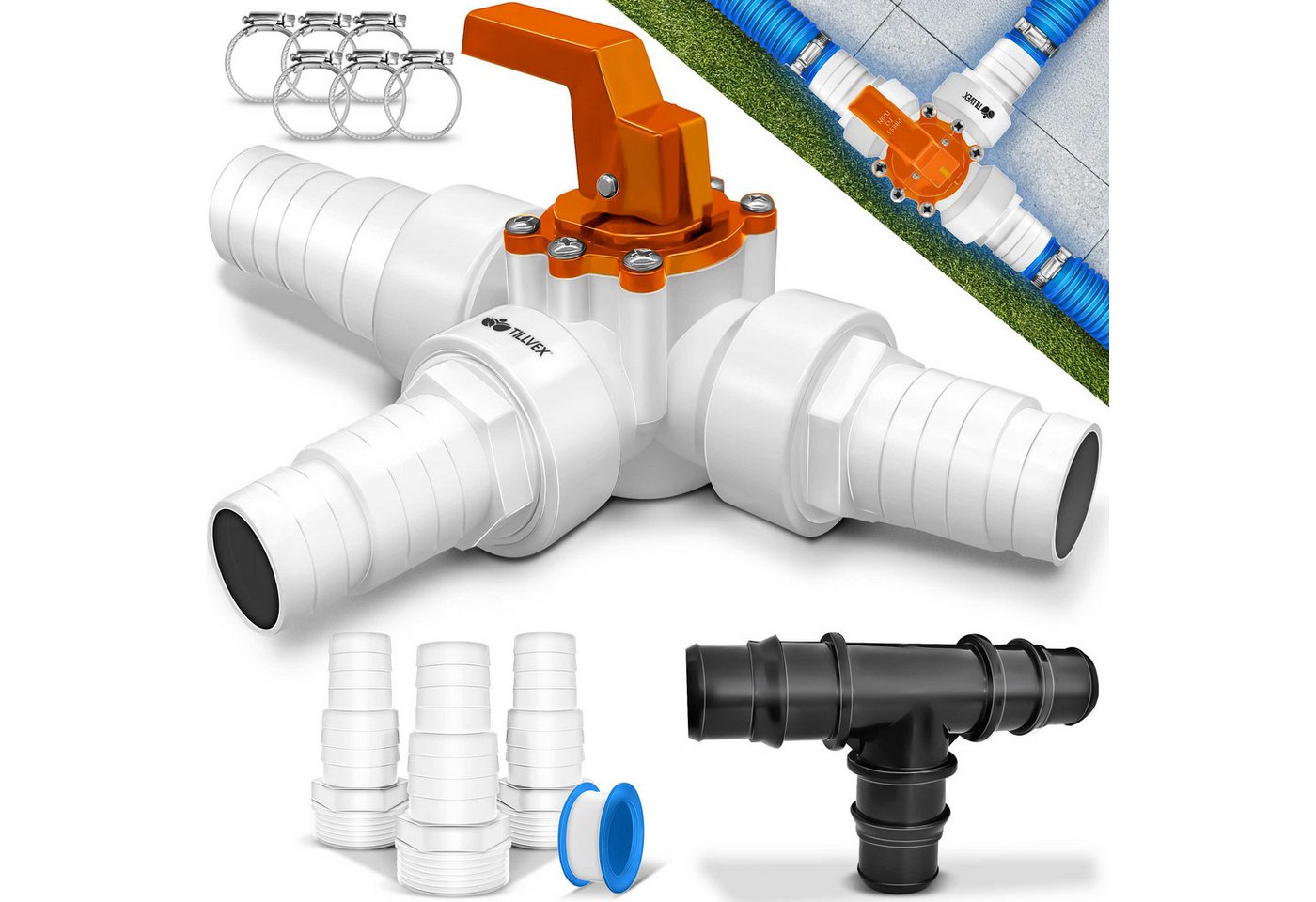 tillvex Sandfilteranlage tillvex® Bypass Set Pool Solarheizung Poolheizung Heizung Solarkollekt (ideal für Sandfilteranlagen, Wärmepumpen & Poolheizung), Bypass Set Pool 12-TLG. - Ø32 & 38 mm Anschluss von tillvex