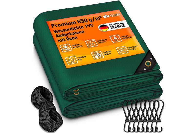 tillvex Schutzplane tillvex® Abdeckplane mit Ösen + 10 Haken & 15m Seil, Gewebeplane (Set), 650g/m² von tillvex