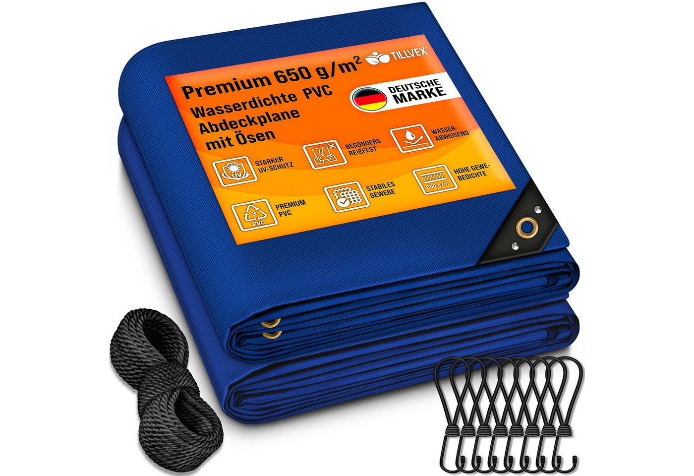 tillvex Schutzplane tillvex® Abdeckplane mit Ösen + 10 Haken & 15m Seil, Gewebeplane (Set), 650g/m² von tillvex
