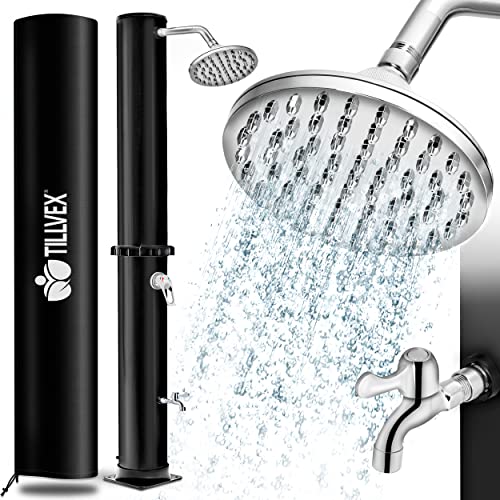 tillvex Solardusche 20 Liter | Solar Garten-dusche warmes Wasser | Pooldusche Camping | ohne Stromanschluss | mit Wasserhahn und Regenduschkopf | Gartenschlauch-Anschluss (Schwarz) von tillvex