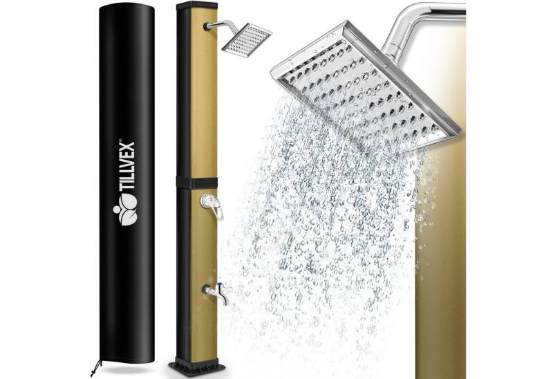 tillvex Solardusche 40 Liter inkl. Schutzhaube Solar Garten-dusche (mit Wasserhahn und Regenduschkopf Gartenschlauch-Anschluss), warmes Wasser Pooldusche Camping, ohne Stromanschluss von tillvex