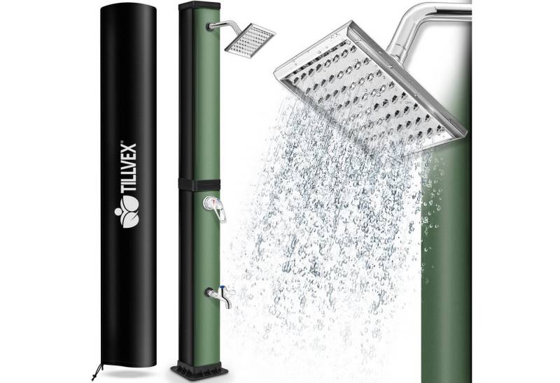 tillvex Solardusche 40 Liter inkl. Schutzhaube Solar Garten-dusche (mit Wasserhahn und Regenduschkopf Gartenschlauch-Anschluss), warmes Wasser Pooldusche Camping, ohne Stromanschluss von tillvex