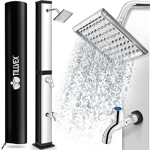 tillvex Solardusche 40 Liter inkl. Schutzhaube | Solar Garten-dusche warmes Wasser | Pooldusche Camping | ohne Stromanschluss | mit Wasserhahn und Regenduschkopf | Gartenschlauch-Anschluss von tillvex