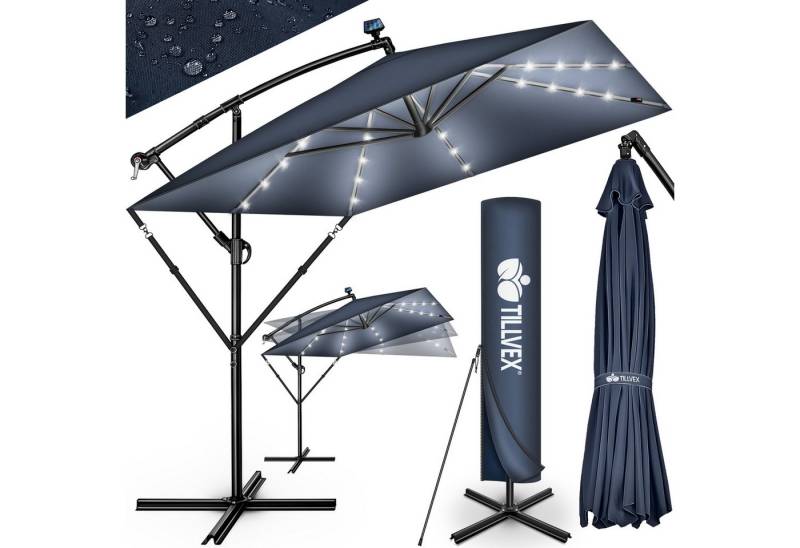 tillvex Sonnenschirm tillvex® Sonnenschirm LED Solar 235 x 235 cm Ampelschirm Gartenschirm, Kurbelschirm Marktschirm wasserdicht 360° drehbar, Alu Ampelschirm Ø330 cm Rechteckig mit LED Solar + Abdeckung von tillvex