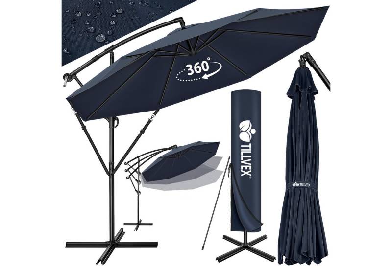 tillvex Sonnenschirm 300 cm Kurbel Ampelschirm mit Ständer, Abdeckung & Windsicherung, Gartenschirm UV-Schutz Aluminium von tillvex