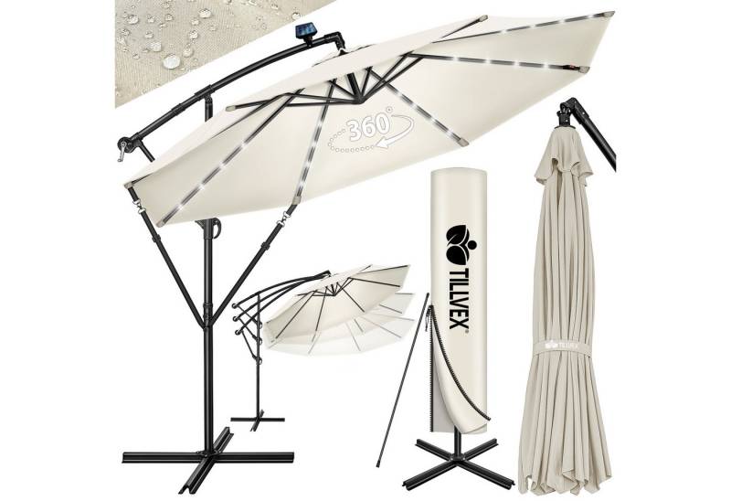 tillvex Sonnenschirm tillvex® Sonnenschirm LED Solar Ø 3m Ampelschirm Balkon Gartenschirm, Alu Ampelschirm + Abdeckung LED Solar Ø 350 cm mit Kurbel, Abdeckung + Ständer, Kurbelschirm Marktschirm wasserdicht 360° drehbar von tillvex