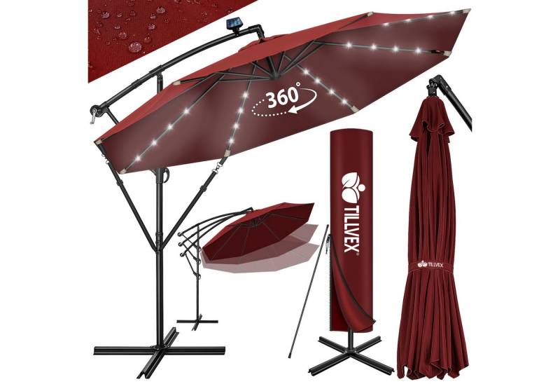 tillvex Sonnenschirm tillvex® Sonnenschirm LED Solar Ø 3m Ampelschirm Balkon Gartenschirm, Alu Ampelschirm + Abdeckung LED Solar Ø 350 cm mit Kurbel, Abdeckung + Ständer, Kurbelschirm Marktschirm wasserdicht 360° drehbar von tillvex