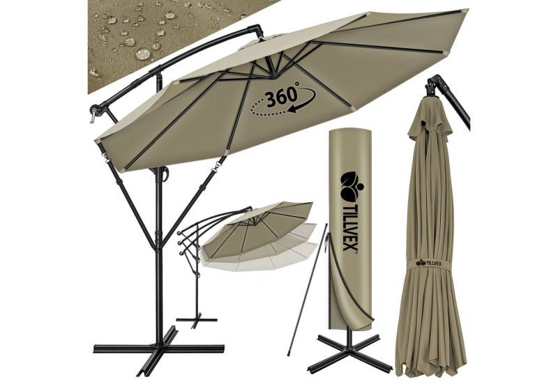 tillvex Sonnenschirm tillvex Sonnenschirm Ø 3m Ampelschirm Gartenschirm Marktschirm Kurbel, Alu Sonnenschirm + Abdeckung Ø 350 cm mit Kurbel, Kurbelschirm Marktschirm wasserdicht 360° drehbar von tillvex