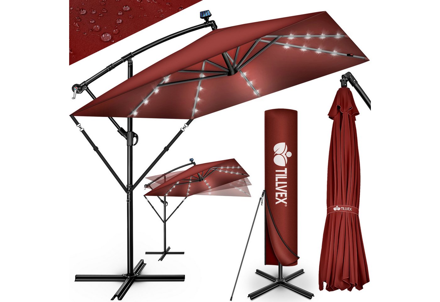 tillvex Sonnenschirm tillvex® Sonnenschirm LED Solar 235 x 235 cm Ampelschirm Gartenschirm, Kurbelschirm Marktschirm wasserdicht 360° drehbar, Alu Ampelschirm Ø330 cm Rechteckig mit LED Solar + Abdeckung von tillvex