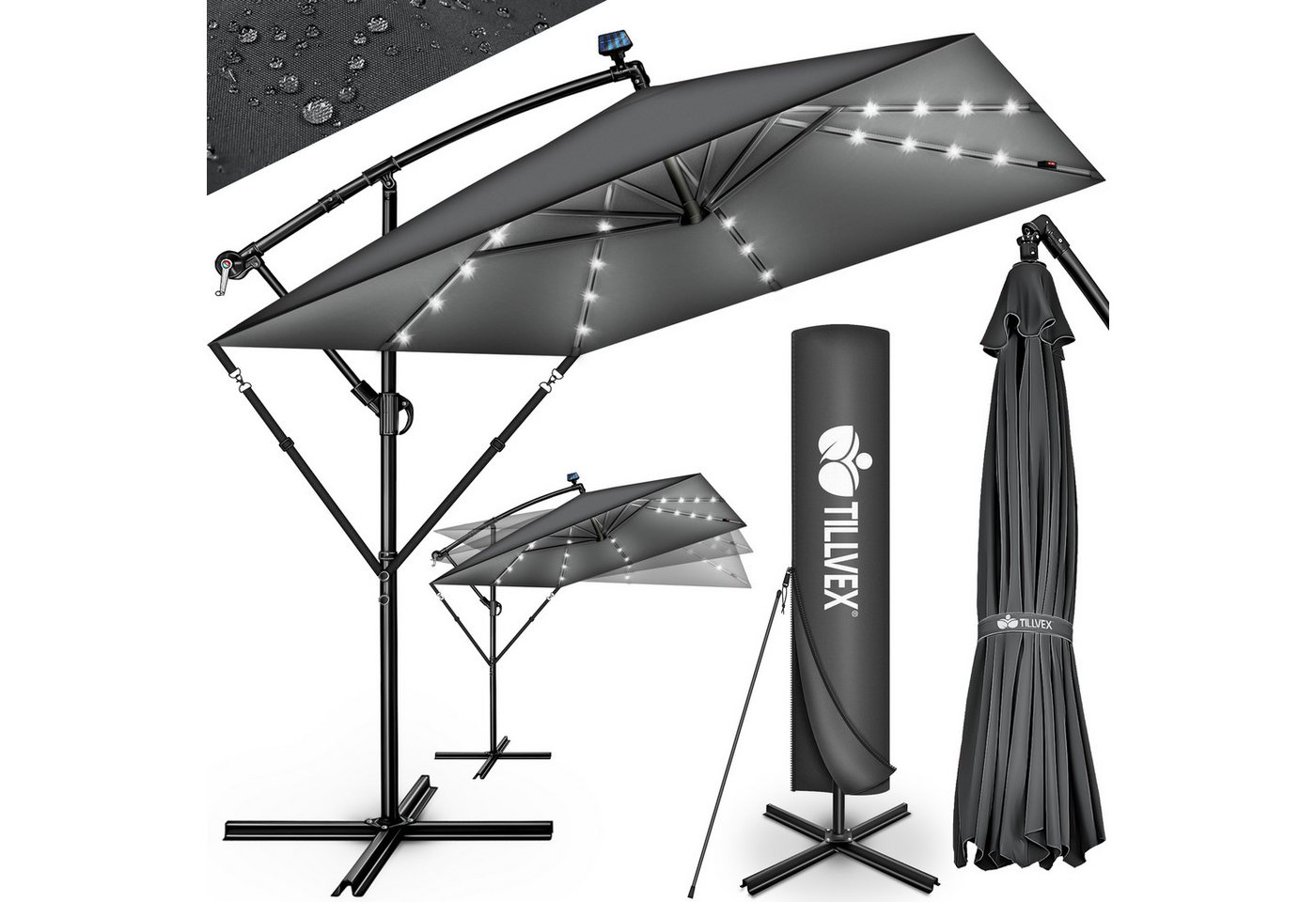 tillvex Sonnenschirm tillvex® Sonnenschirm LED Solar 235 x 235 cm Ampelschirm Gartenschirm, Kurbelschirm Marktschirm wasserdicht 360° drehbar, Alu Ampelschirm Ø330 cm Rechteckig mit LED Solar + Abdeckung von tillvex