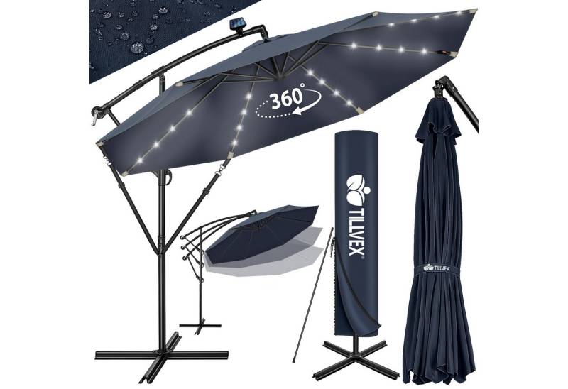 tillvex Sonnenschirm tillvex® Sonnenschirm LED Solar Ø 3m Ampelschirm Balkon Gartenschirm, Alu Ampelschirm + Abdeckung LED Solar Ø 350 cm mit Kurbel, Abdeckung + Ständer, Kurbelschirm Marktschirm wasserdicht 360° drehbar von tillvex