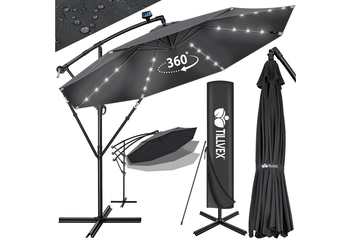 tillvex Sonnenschirm tillvex® Sonnenschirm LED Solar Ø 3m Ampelschirm Balkon Gartenschirm, Alu Ampelschirm + Abdeckung LED Solar Ø 350 cm mit Kurbel, Abdeckung + Ständer, Kurbelschirm Marktschirm wasserdicht 360° drehbar von tillvex