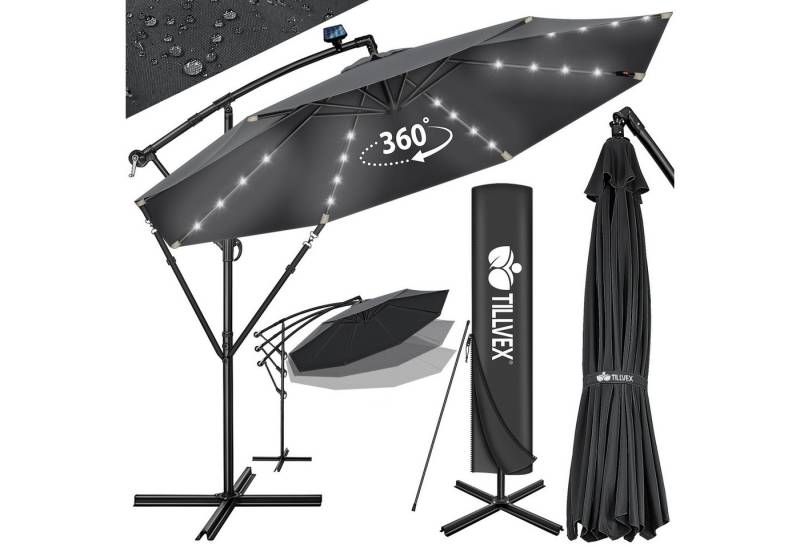 tillvex Sonnenschirm tillvex® Sonnenschirm LED Solar Ø 3m Ampelschirm Balkon Gartenschirm, Alu Ampelschirm + Abdeckung LED Solar Ø 350 cm mit Kurbel, Abdeckung + Ständer, Kurbelschirm Marktschirm wasserdicht 360° drehbar von tillvex