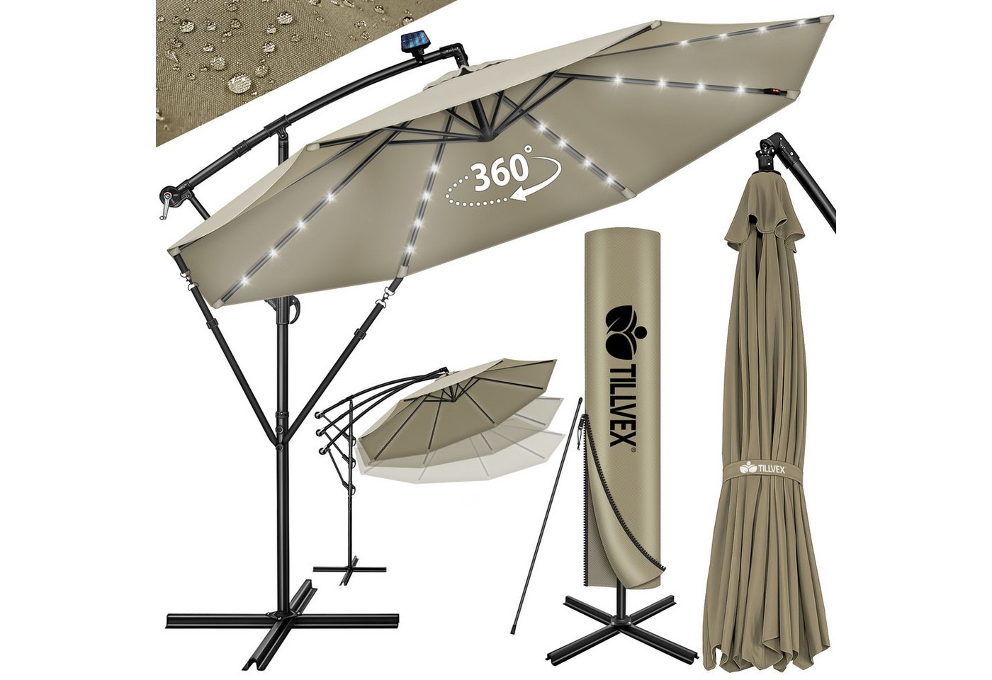 tillvex Sonnenschirm tillvex® Sonnenschirm LED Solar Ø 3m Ampelschirm Balkon Gartenschirm, Alu Ampelschirm + Abdeckung LED Solar Ø 350 cm mit Kurbel, Abdeckung + Ständer, Kurbelschirm Marktschirm wasserdicht 360° drehbar von tillvex