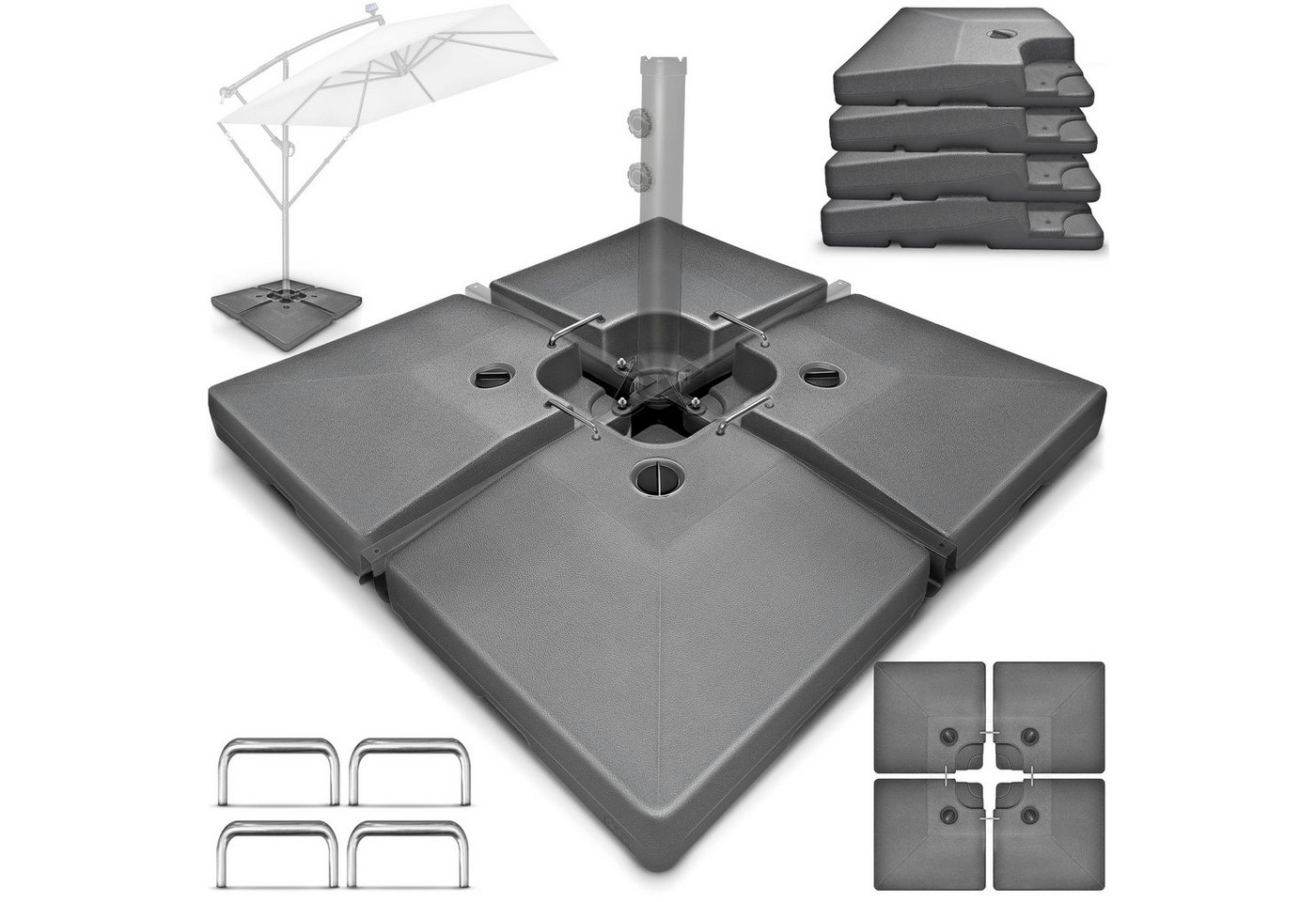 tillvex Sonnenschirm tillvex® Sonnenschirmständer 90L / 120kg Schirmständer Schirmgewicht, Schirmständer Ampelschirmständer wetterfest, Sonnenschirmständer 90 Liter / 120 kg – 4-teilig für Ampelschirm von tillvex