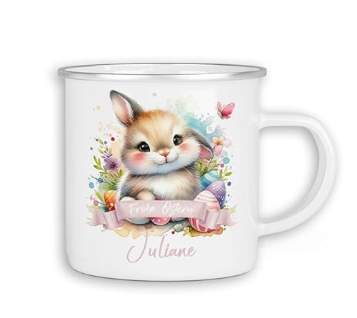 Emaille Tasse personalisiert mit Namen Ostern | Kinder Blechtasse Kindertasse Stahltasse mit süßen Ostermotiven Becher Motiv Osterhase | 02- Hase von timalo