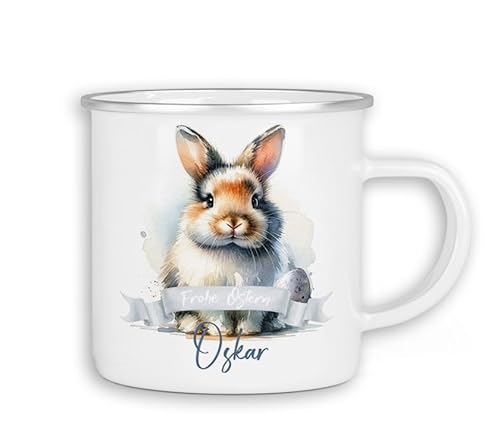 Emaille Tasse personalisiert mit Namen Ostern | Kinder Blechtasse Kindertasse Stahltasse mit süßen Ostermotiven Becher Motiv Osterhase | 06- Hase von timalo