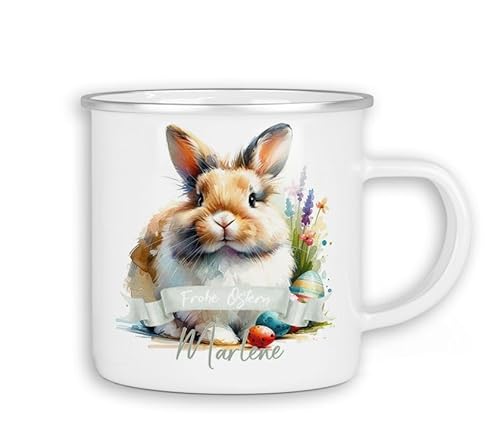 Emaille Tasse personalisiert mit Namen Ostern | Kinder Blechtasse Kindertasse Stahltasse mit süßen Ostermotiven Becher Motiv Osterhase | 07- Hase von timalo