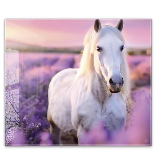 Herdabdeckplatte 60x52 cm ESG Glas | Weißes Pferd Lavendel Natur Sonnenuntergang | Herd Abdeckung für Ceranfeld Schneidebrett Glasplatte Induktion von timalo