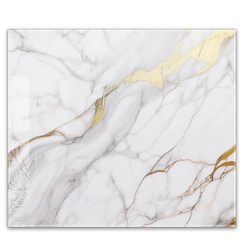 Herdabdeckplatte 60x52 cm einteilig – Weißer Marmor mit Gold | ESG Glas Ceranfeldabdeckung, Schneidebrett, Abdeckplatte, Herd, Induktion, Küche von timalo
